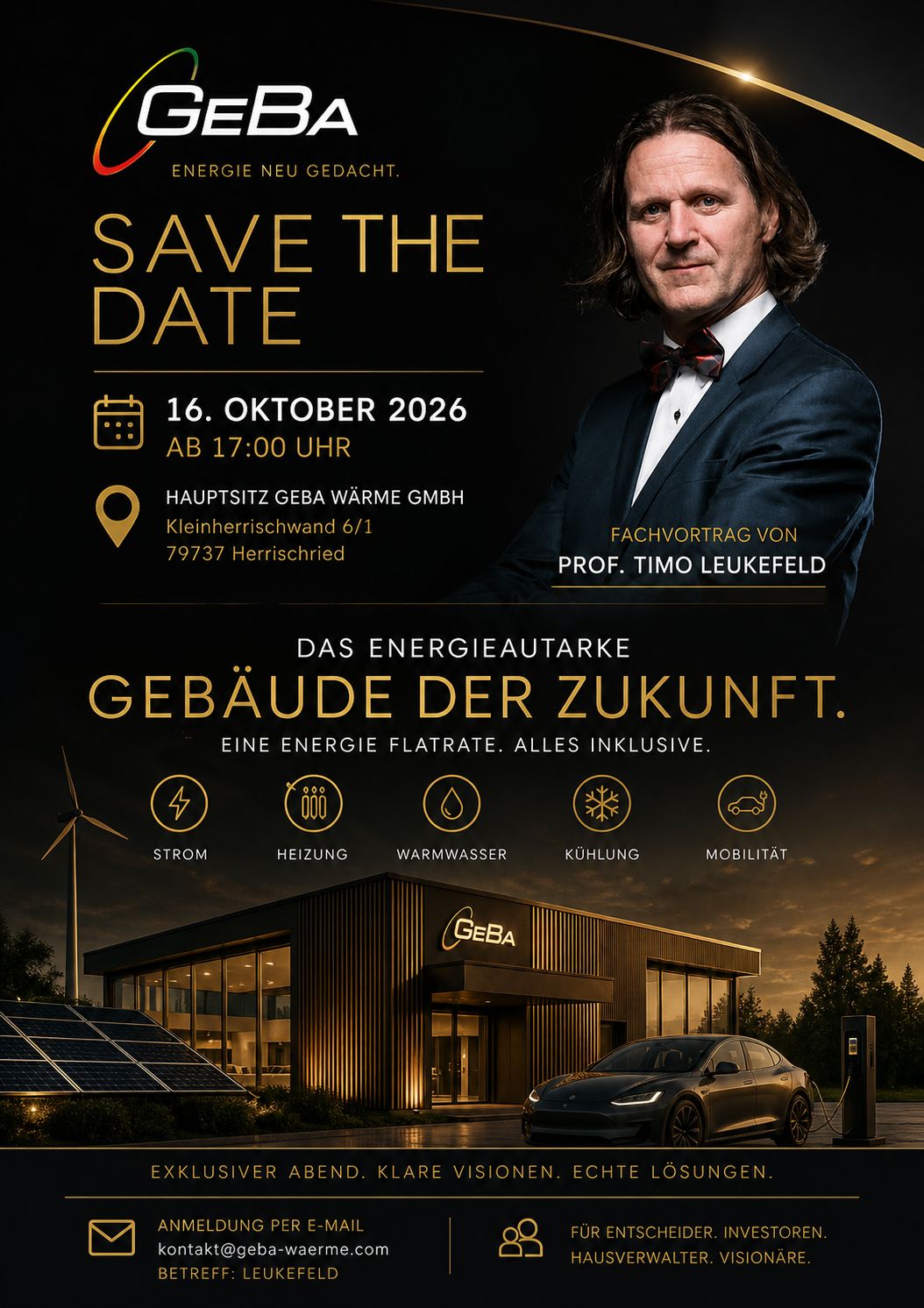 Save-the-Date-Flyer: Fachvortrag von Prof. Timo Leukefeld am 16. Oktober 2026, Einlass 17:00 Uhr, am Hauptsitz der GeBa Wärme GmbH, Kleinherrischwand 6/1, 79737 Herrischried